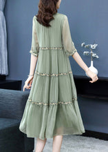 Load image into Gallery viewer, Green Neck Tie Silk Long Dresses Half Sleeve