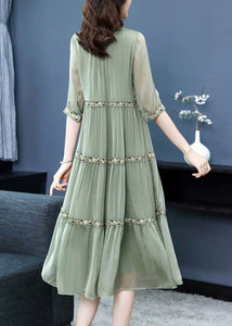 Green Neck Tie Silk Long Dresses Half Sleeve