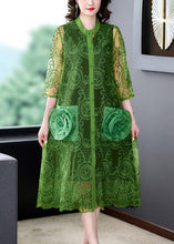 Load image into Gallery viewer, Green O-Neck Lace Patchwork Button Tulle Maxi Coats Summer