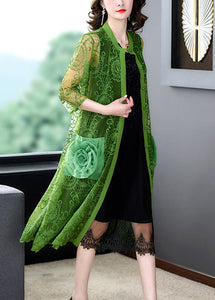 Green O-Neck Lace Patchwork Button Tulle Maxi Coats Summer