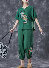 Load image into Gallery viewer, Green Patchwork Cotton Two Pieces Set Chinese Button Summer