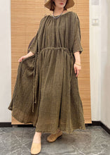 Load image into Gallery viewer, Green Patchwork Linen Ankle Dress O Neck Drawstring Wrinkled Half Sleeve