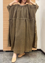 Load image into Gallery viewer, Green Patchwork Linen Ankle Dress O Neck Drawstring Wrinkled Half Sleeve