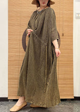 Load image into Gallery viewer, Green Patchwork Linen Ankle Dress O Neck Drawstring Wrinkled Half Sleeve