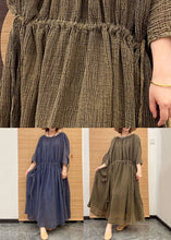 Load image into Gallery viewer, Green Patchwork Linen Ankle Dress O Neck Drawstring Wrinkled Half Sleeve