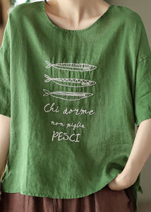 Green Patchwork Linen Blouse Top Embroidered Summer