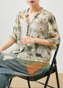 Green Patchwork Tulle Linen Shirt Tops Print Summer