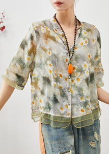 Green Patchwork Tulle Linen Shirt Tops Print Summer