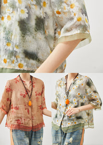 Green Patchwork Tulle Linen Shirt Tops Print Summer