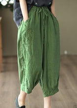 Load image into Gallery viewer, Green Pockets Linen Crop Pants Embroidered Summer