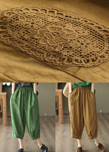 Green Pockets Linen Crop Pants Embroidered Summer