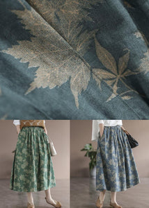 Green Pockets Print Linen Skirt Wrinkled Spring