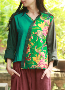 Green Print Asymmetrical Shirt Long Sleeve