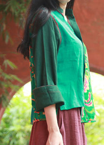 Green Print Asymmetrical Shirt Long Sleeve