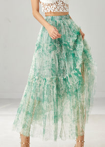 Green Print Chiffon Beach Skirt Ruffled Spring