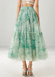 Green Print Chiffon Beach Skirt Ruffled Spring