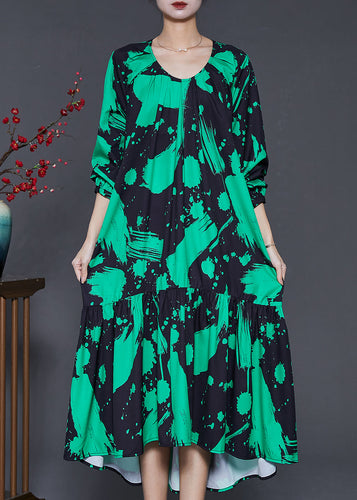 Green Print Chiffon Holiday Dress Oversized Ruffles Spring