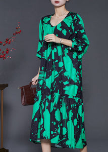 Green Print Chiffon Holiday Dress Oversized Ruffles Spring