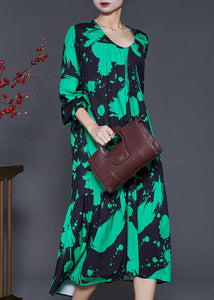 Green Print Chiffon Holiday Dress Oversized Ruffles Spring