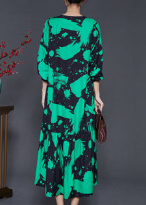 Green Print Chiffon Holiday Dress Oversized Ruffles Spring