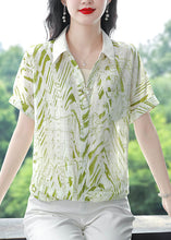 Load image into Gallery viewer, Green Print Chiffon Shirts Peter Pan Collar Short Sleeve