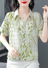 Load image into Gallery viewer, Green Print Chiffon Shirts Peter Pan Collar Short Sleeve