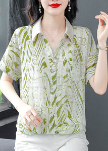 Green Print Chiffon Shirts Peter Pan Collar Short Sleeve