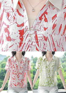 Green Print Chiffon Shirts Peter Pan Collar Short Sleeve