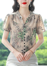 Load image into Gallery viewer, Green Print Chiffon Top V Neck Button Summer