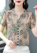 Load image into Gallery viewer, Green Print Chiffon Top V Neck Button Summer