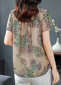 Green Print Chiffon Top V Neck Button Summer