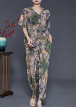 Load image into Gallery viewer, Green Print Chiffon Two Pieces Set Chinese Button Summer