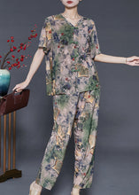 Load image into Gallery viewer, Green Print Chiffon Two Pieces Set Chinese Button Summer