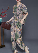 Load image into Gallery viewer, Green Print Chiffon Two Pieces Set Chinese Button Summer