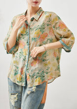 Load image into Gallery viewer, Green Print Linen Shirt Top Oversized Half Sleeve