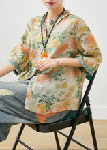 Load image into Gallery viewer, Green Print Linen Shirt Top Oversized Half Sleeve