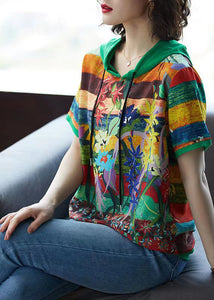 Green Print Patchwork Chiffon T Shirt Top Hooded Summer