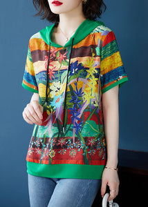 Green Print Patchwork Chiffon T Shirt Top Hooded Summer