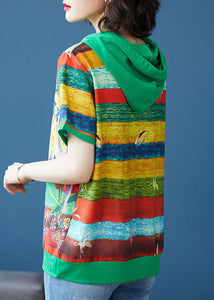 Green Print Patchwork Chiffon T Shirt Top Hooded Summer