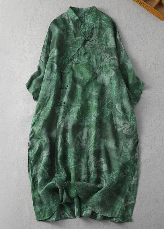 Green Print Patchwork Loose Linen Dresses V Neck Side Open Summer