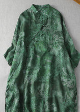 Load image into Gallery viewer, Green Print Patchwork Loose Linen Dresses V Neck Side Open Summer