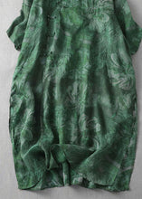 Load image into Gallery viewer, Green Print Patchwork Loose Linen Dresses V Neck Side Open Summer