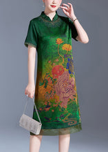 Load image into Gallery viewer, Green Print Patchwork Silk Dress Stand Collar Summer