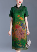 Load image into Gallery viewer, Green Print Patchwork Silk Dress Stand Collar Summer