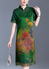 Load image into Gallery viewer, Green Print Patchwork Silk Dress Stand Collar Summer