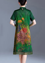 Load image into Gallery viewer, Green Print Patchwork Silk Dress Stand Collar Summer