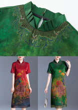 Load image into Gallery viewer, Green Print Patchwork Silk Dress Stand Collar Summer