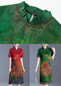 Green Print Patchwork Silk Dress Stand Collar Summer