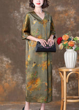 Load image into Gallery viewer, Green Print Pockets Silk Dresses V Neck Half Sleeve