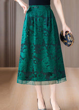 Load image into Gallery viewer, Green Print Silk A Line Skirts Tasseled Summer